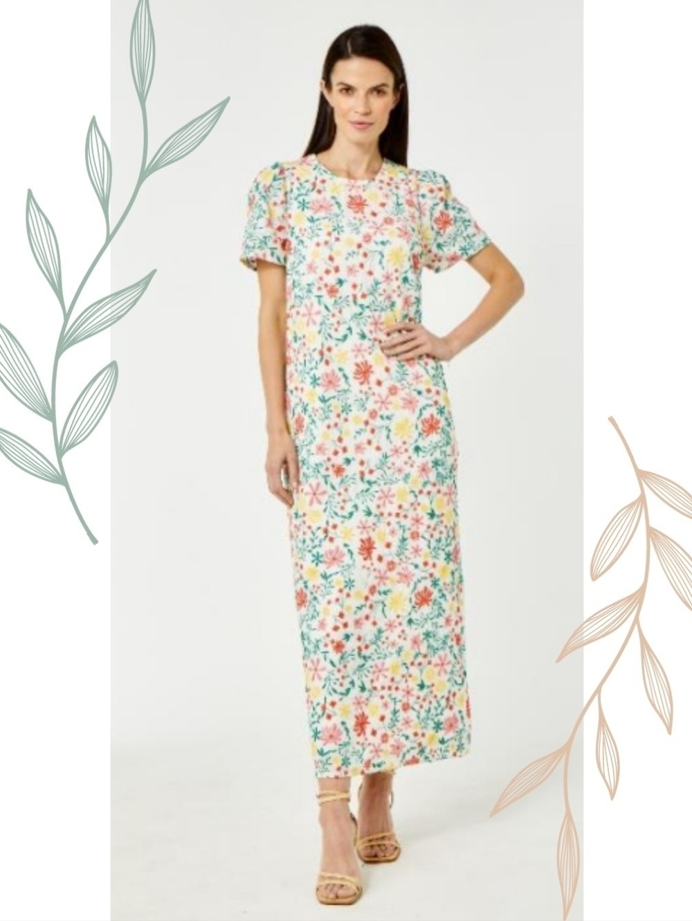 Cartolina Nantucket Floral Embroidered Short Sleeve Shift Style Maxi Dress M